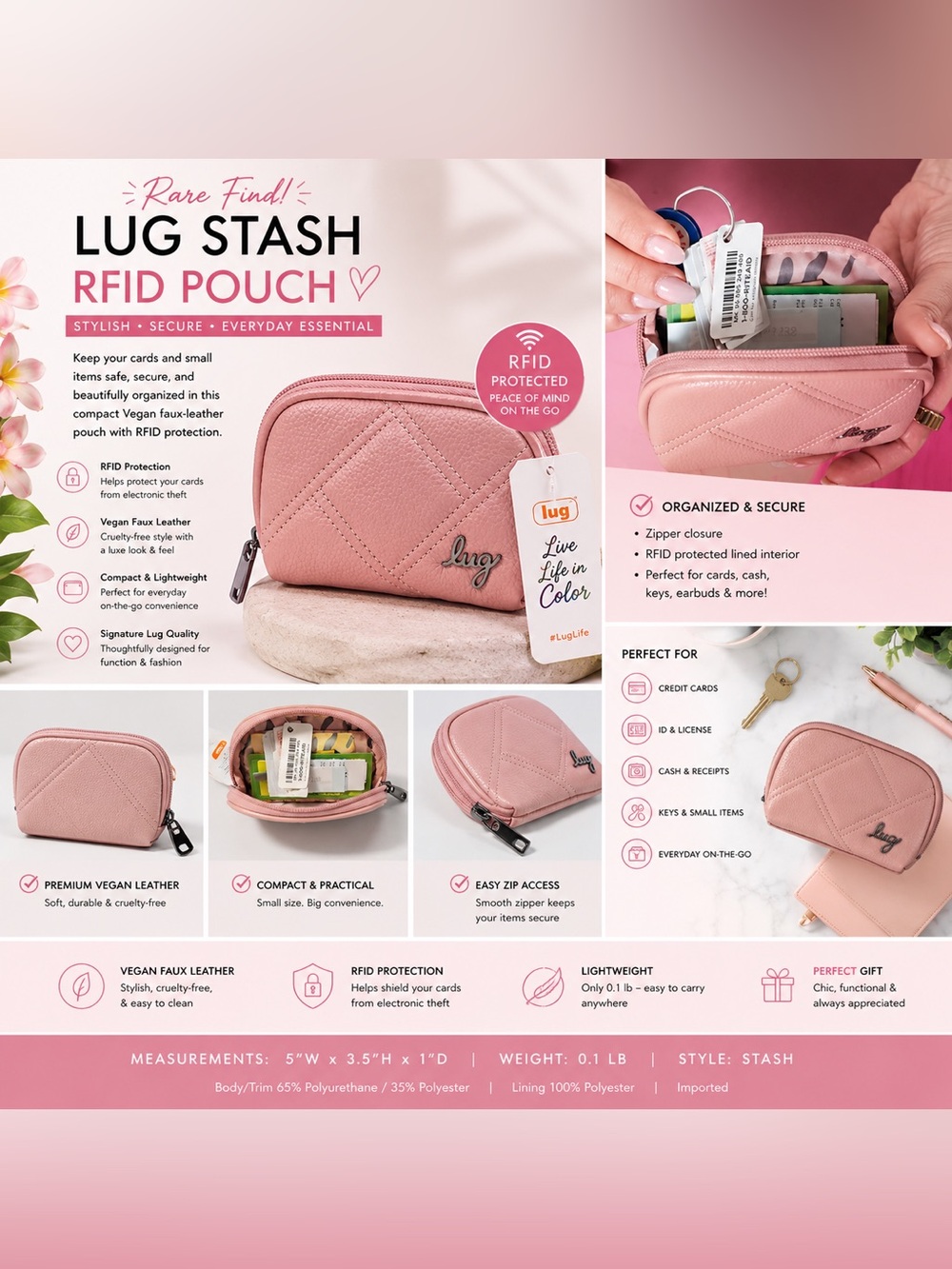🌸 LUG Stash RFID Vegan Leather Pouch | Blush Pink | Card Case | Coin Purse | NWT - Picture 2 of 9